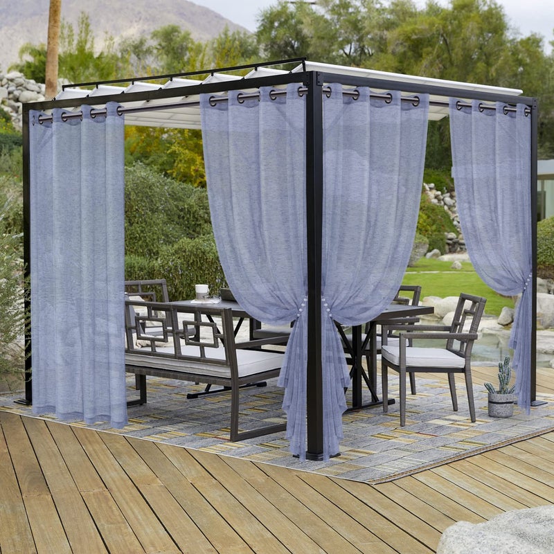 LORDTEX Burlap Linen Look Outdoor Curtains for Patio - 2 Panels Waterproof Sheer Curtains for Pergola, Porch, Cabana and Gazebo Grommet Indoor/Outdoor Voile Sheer Drapes (52 x 84 inch, Navy) - Image 1